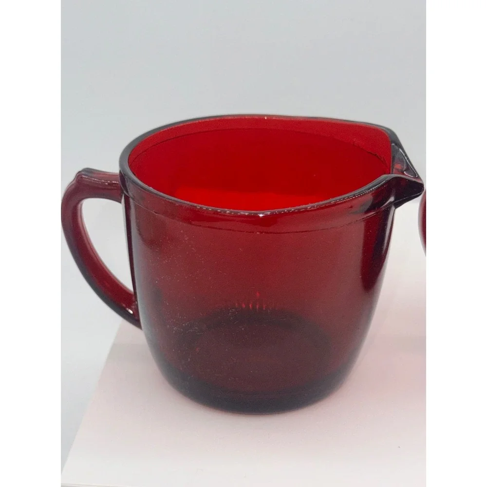 Vintage Ruby Red Glass Creamer and Sugar Bowl Set Double Handle 3 inch T
